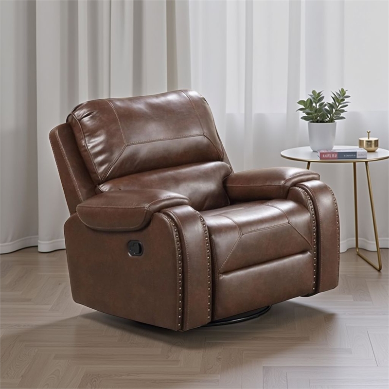 Teli Manual Swivel Glider Recliner Chair-Dark Brown Faux Leather