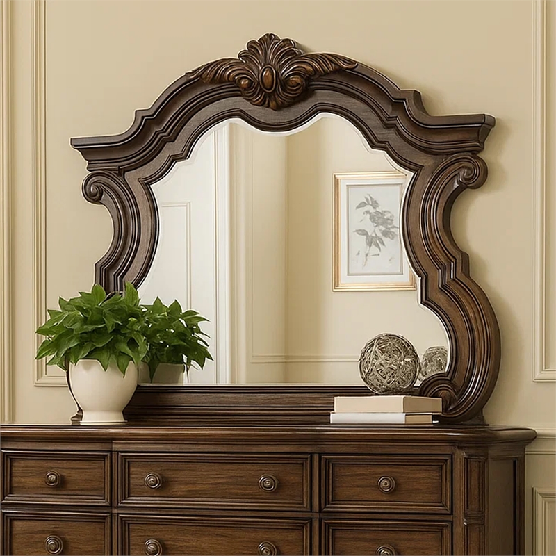 Leova Beveled Dresser Mirror-50 Inch Brown Wood Ornate Moulding