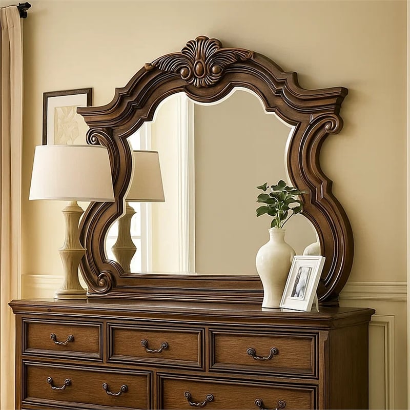 Leova Beveled Dresser Mirror-50 Inch Brown Wood Ornate Moulding
