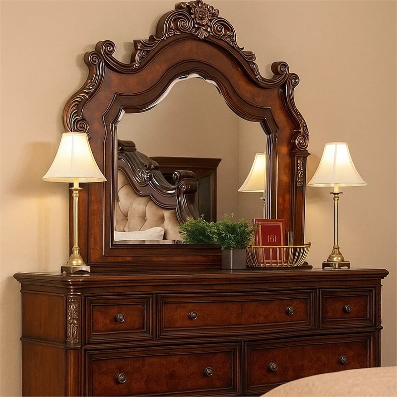 Iliana Dresser Mirror-Beveled Glass-Ornate Oak and Dark Cherry Brown-48x54