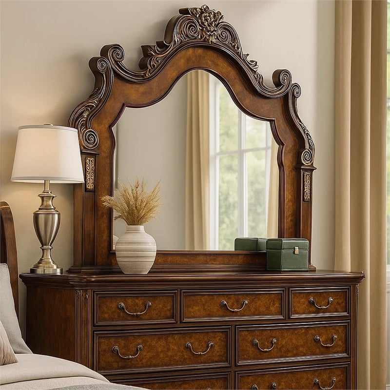 Iliana Dresser Mirror-Beveled Glass-Ornate Oak and Dark Cherry Brown-48x54