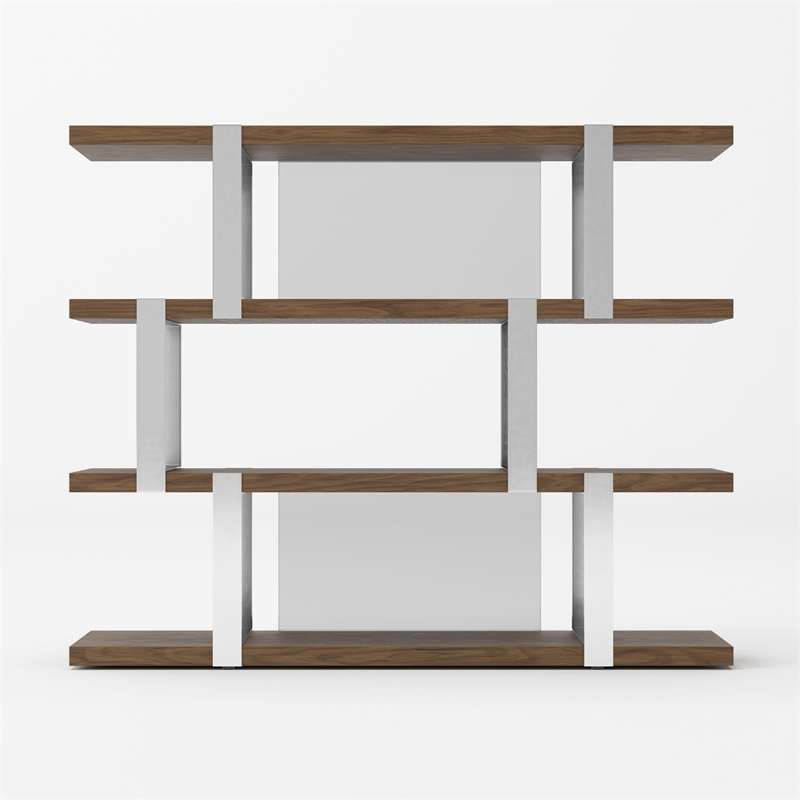 Cid Brow 4 Tier Bookshelf-71 Inch Stainless Steel w Glass Panel Back-Brown