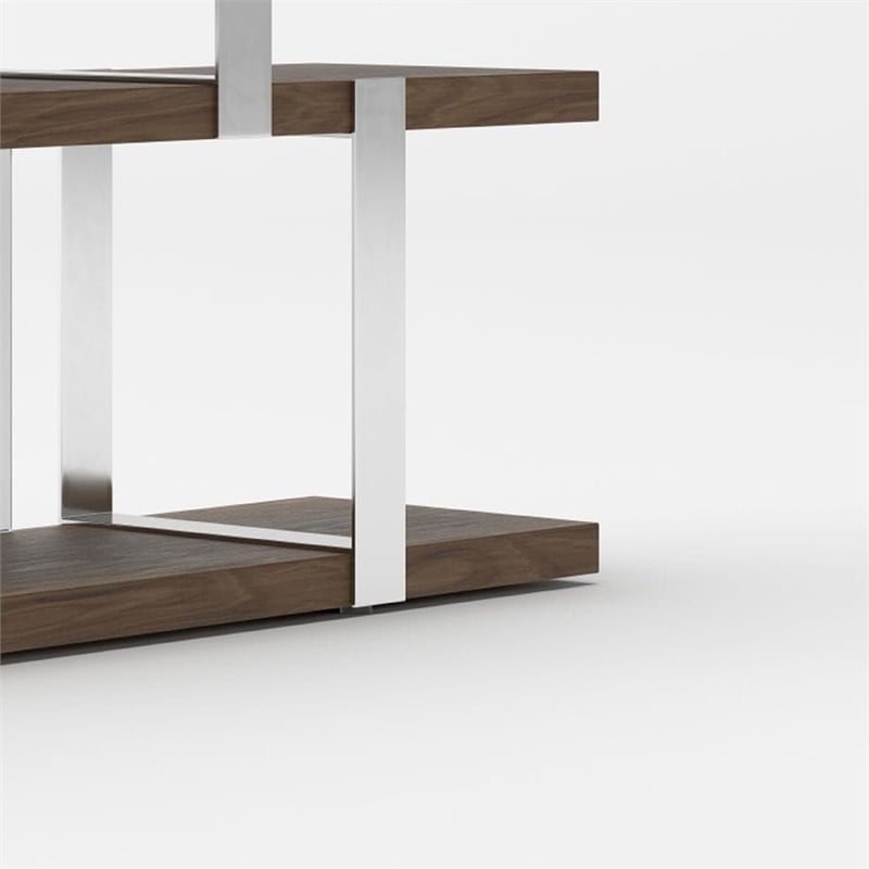 Cid Brow 4 Tier Bookshelf-71 Inch Stainless Steel w Glass Panel Back-Brown