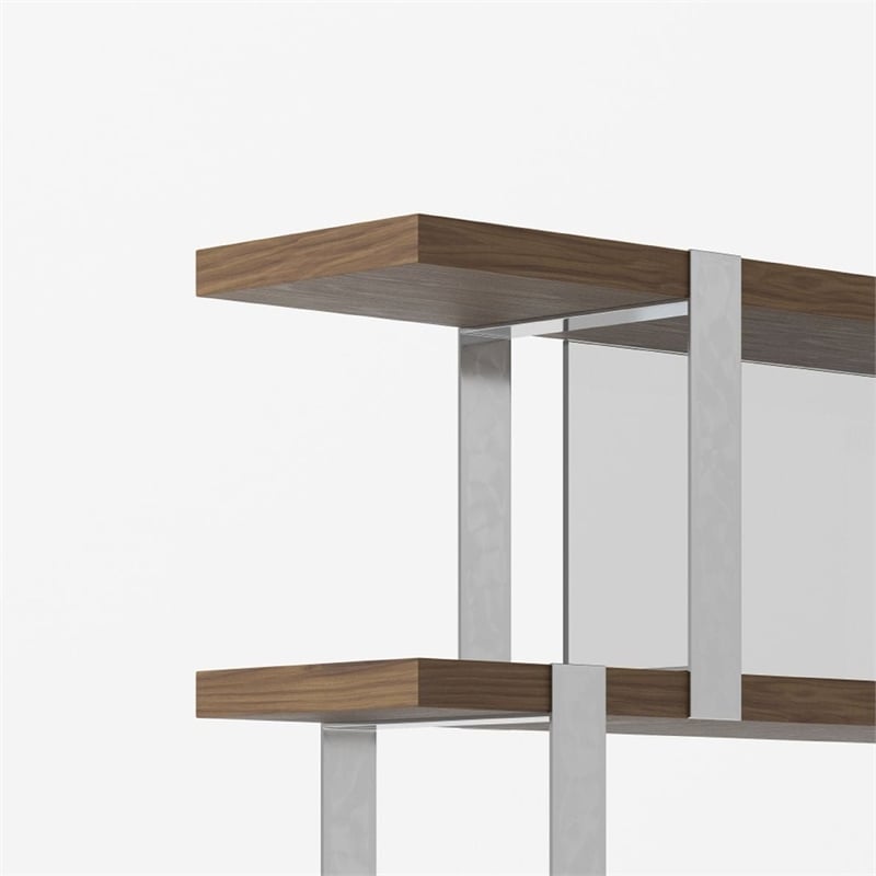 Cid Brow 4 Tier Bookshelf-71 Inch Stainless Steel w Glass Panel Back-Brown