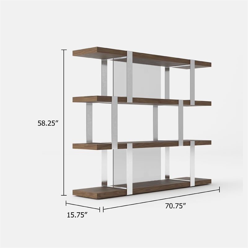 Cid Brow 4 Tier Bookshelf-71 Inch Stainless Steel w Glass Panel Back-Brown