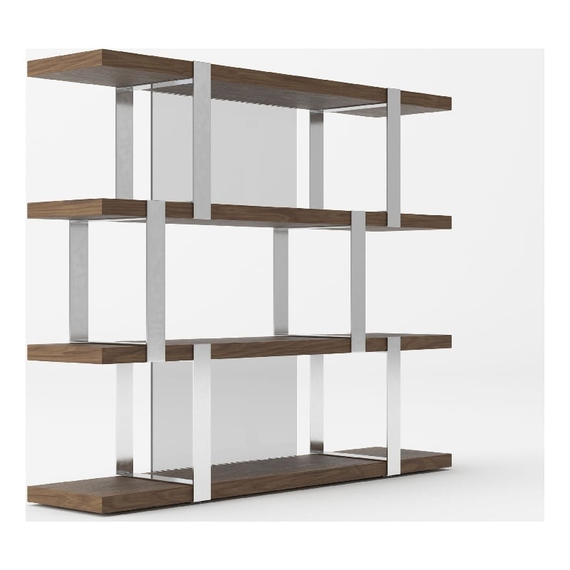 Cid Brow 4 Tier Bookshelf-71 Inch Stainless Steel w Glass Panel Back-Brown