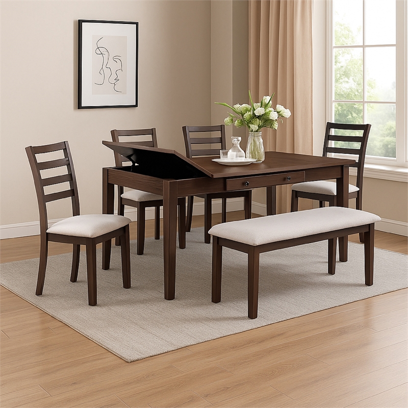 Wogy Dining Table-66 Inch Brown Wood Top-Lift Top Storage-2 Drawers