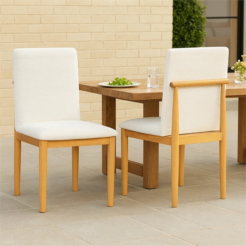 Side Dining Chair Set of 2-Solid Wood-Cream Textured Woven Fabric
