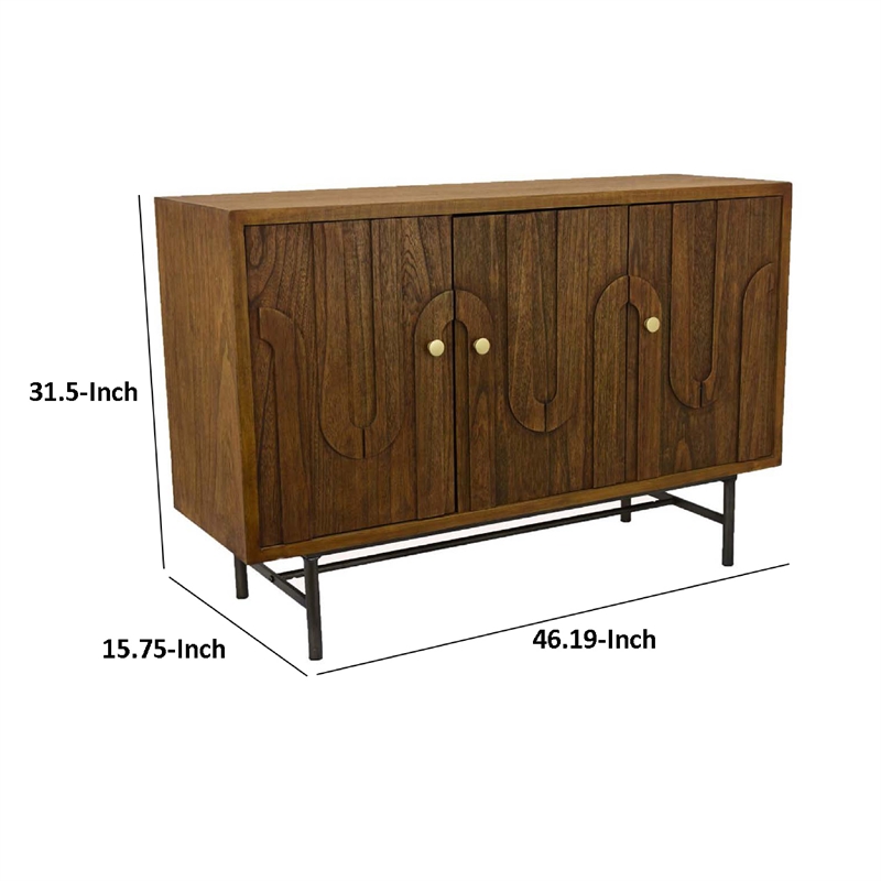 Storage Cabinet Console-3 Doors-U Shaped Carved 47 Inch Brown Wood