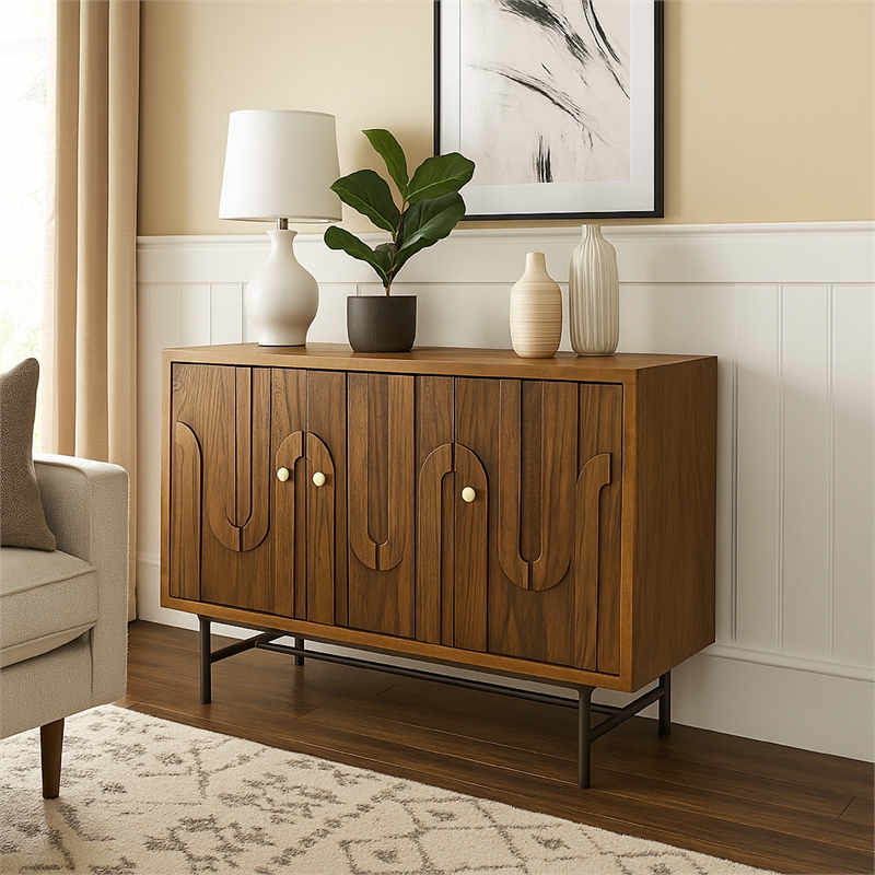 Storage Cabinet Console-3 Doors-U Shaped Carved 47 Inch Brown Wood