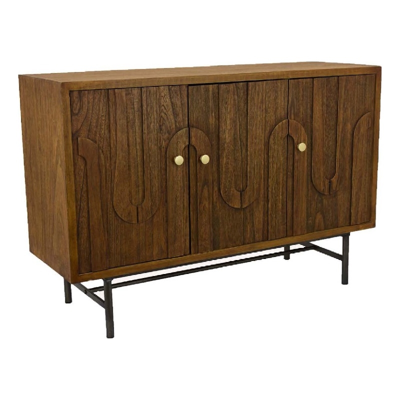 Storage Cabinet Console-3 Doors-U Shaped Carved 47 Inch Brown Wood