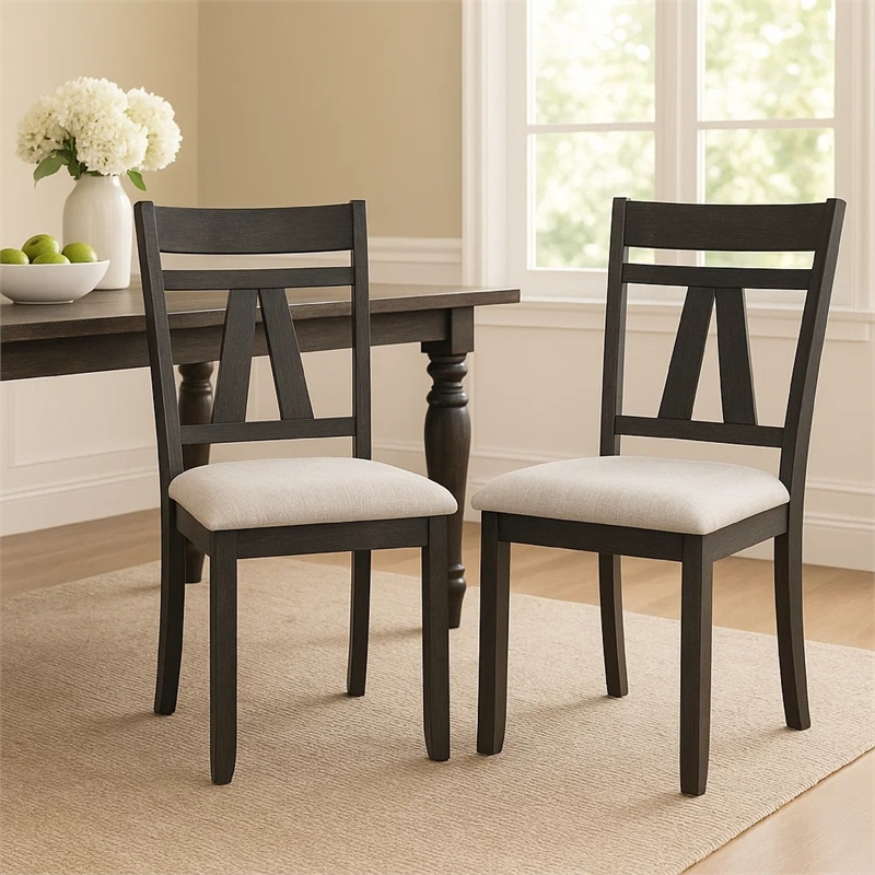 Riby Dining Chair Set of 2-Black Wood Frame-Gray Linen Seating