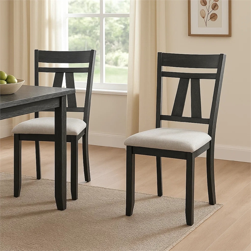 Riby Dining Chair Set of 2-Black Wood Frame-Gray Linen Seating