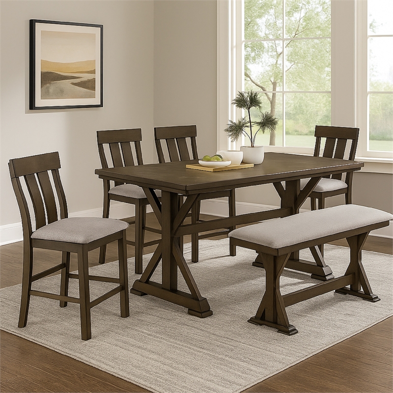 Omal Counter Height Dining Chair Set of 2-Brown Slatted Back-Gray Fabric