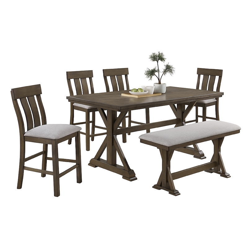 Omal Counter Height Dining Chair Set of 2-Brown Slatted Back-Gray Fabric