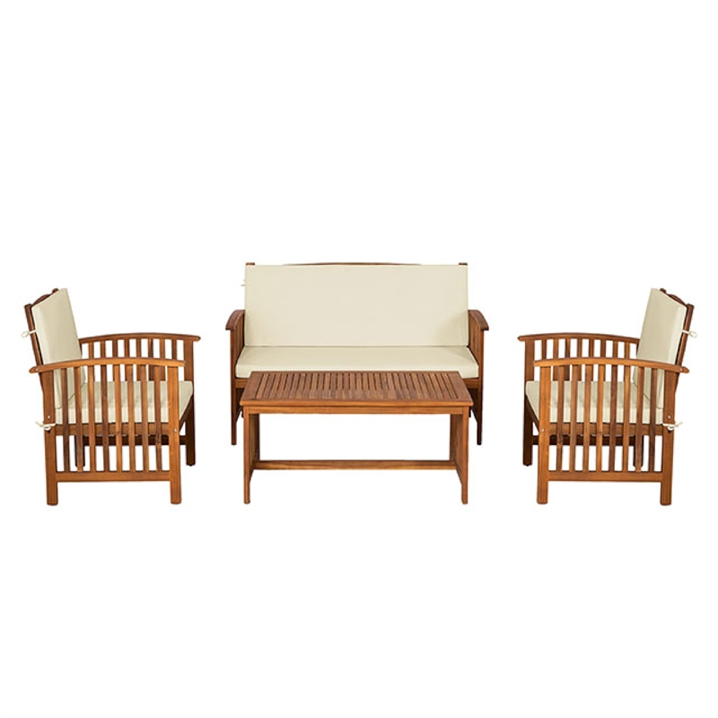 Kaila 4pc Patio Sofa-Chair and Coffee Table Set-Beige Cushions-Brown Wood
