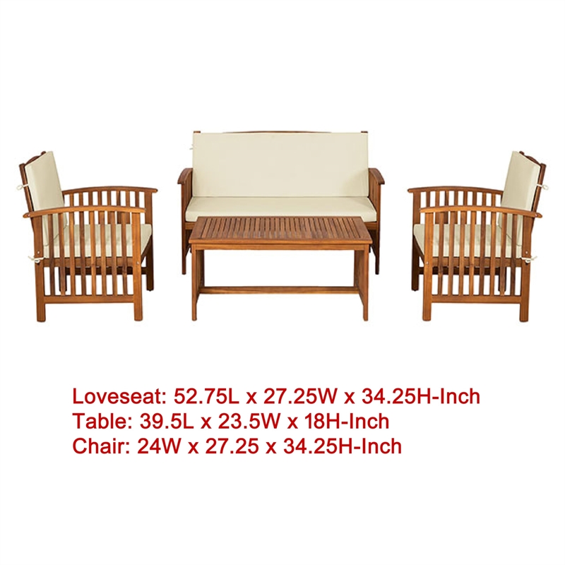 Kaila 4pc Patio Sofa-Chair and Coffee Table Set-Beige Cushions-Brown Wood