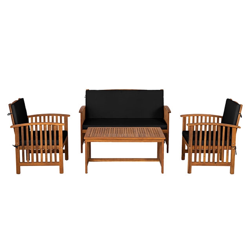 Kaila 4pc Patio Sofa-Chair and Coffee Table Set-Black Cushions-Brown Wood