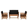 Kaila 4pc Patio Sofa-Chair and Coffee Table Set-Black Cushions-Brown Wood