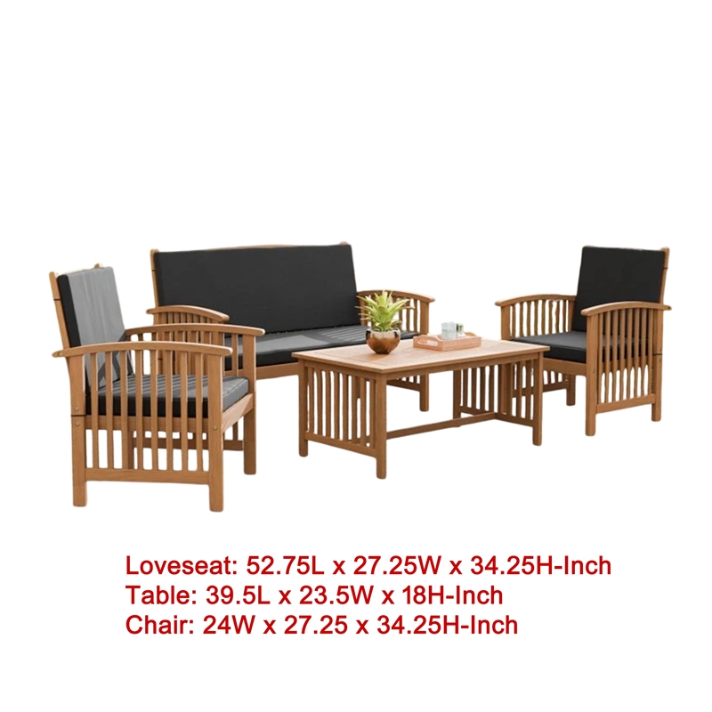 Kaila 4pc Patio Sofa-Chair and Coffee Table Set-Black Cushions-Brown Wood