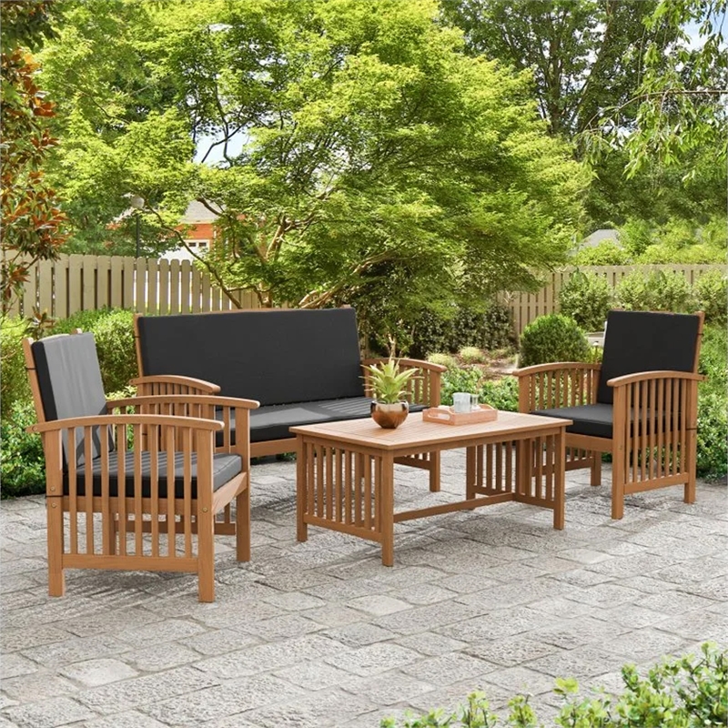 Kaila 4pc Patio Sofa-Chair and Coffee Table Set-Black Cushions-Brown Wood
