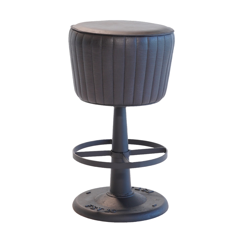 Myra Mushroom Counter Stool-Black Ribbed Leather-Dark Gray Iron Base