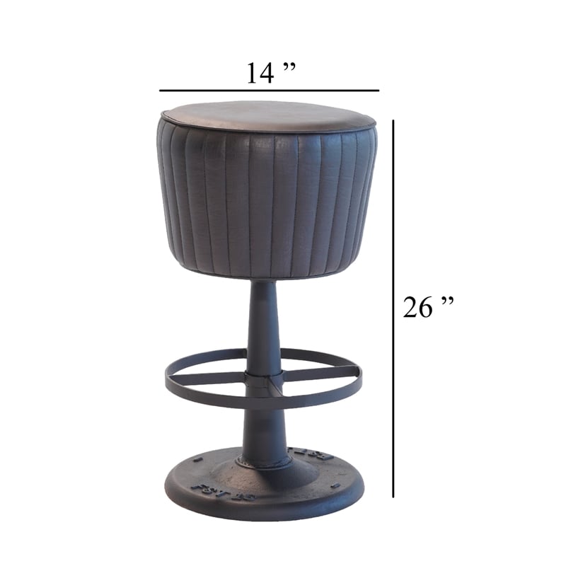 Myra Mushroom Counter Stool-Black Ribbed Leather-Dark Gray Iron Base