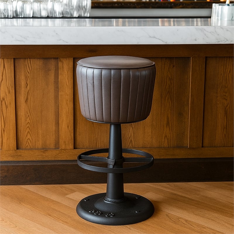 Myra Mushroom Counter Stool-Black Ribbed Leather-Dark Gray Iron Base