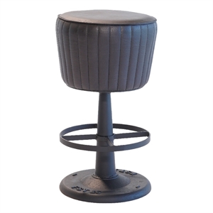 Myra Mushroom Counter Stool-Black Ribbed Leather-Dark Gray Iron Base