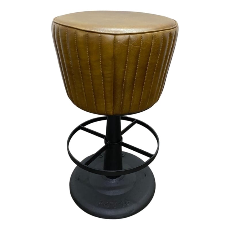 Myra Mushroom Counter Stool-Brown Ribbed Leather-Dark Gray Iron Base