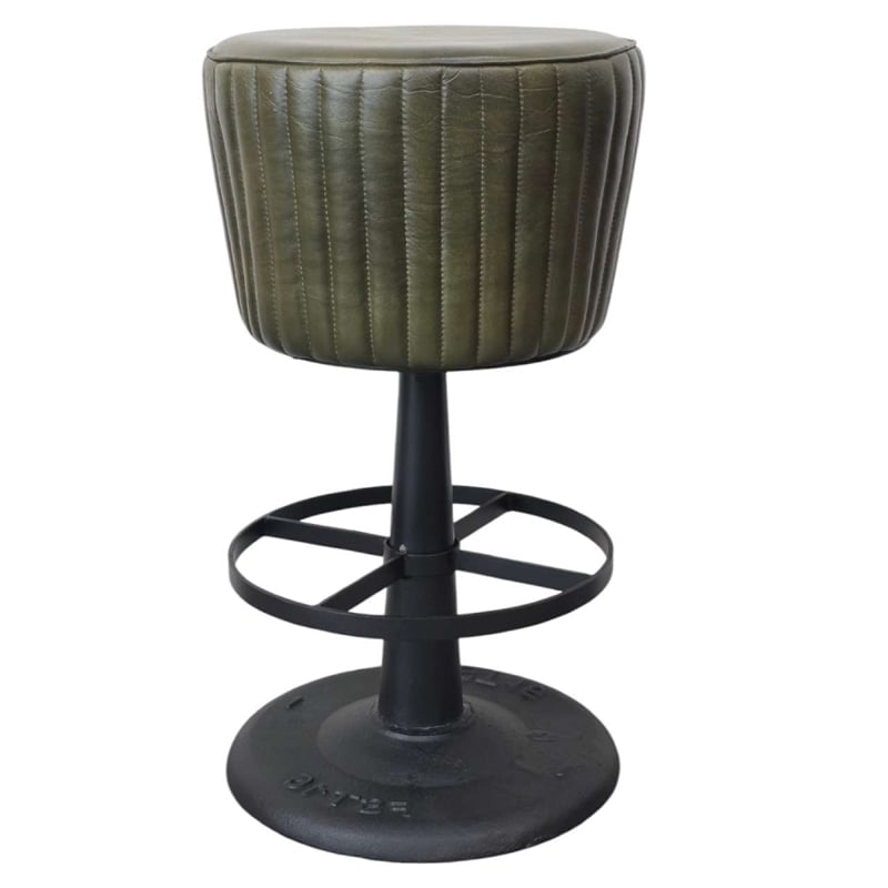 Myra Mushroom Counter Stool-Green Ribbed Leather-Dark Gray Iron Base