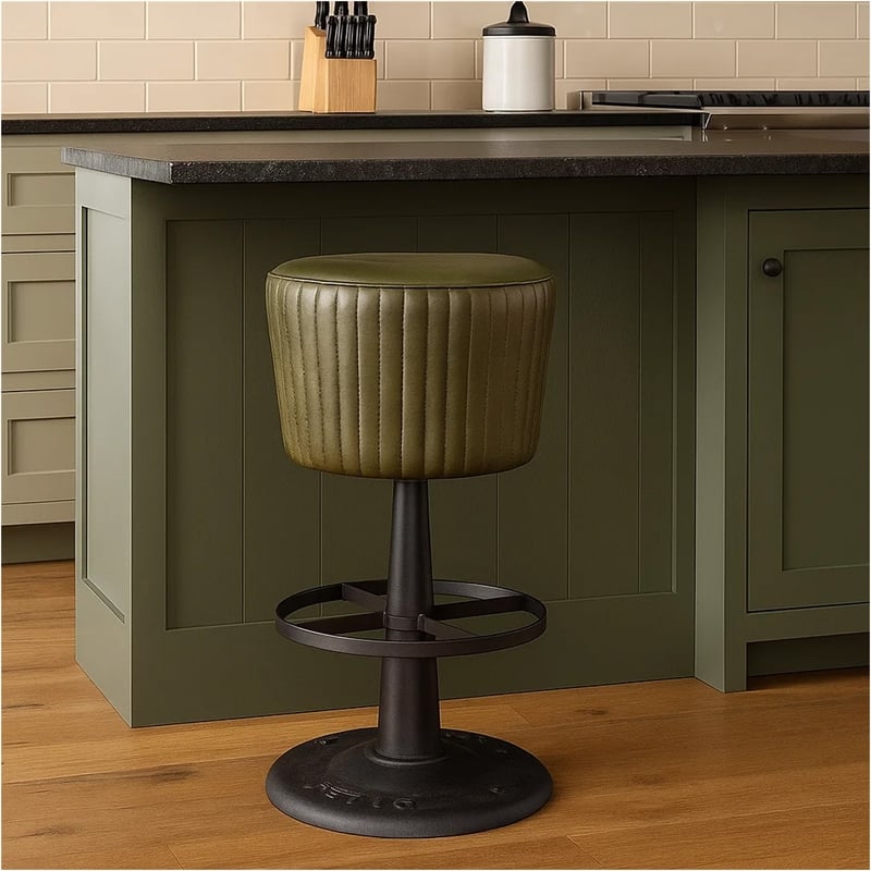 Myra Mushroom Counter Stool-Green Ribbed Leather-Dark Gray Iron Base