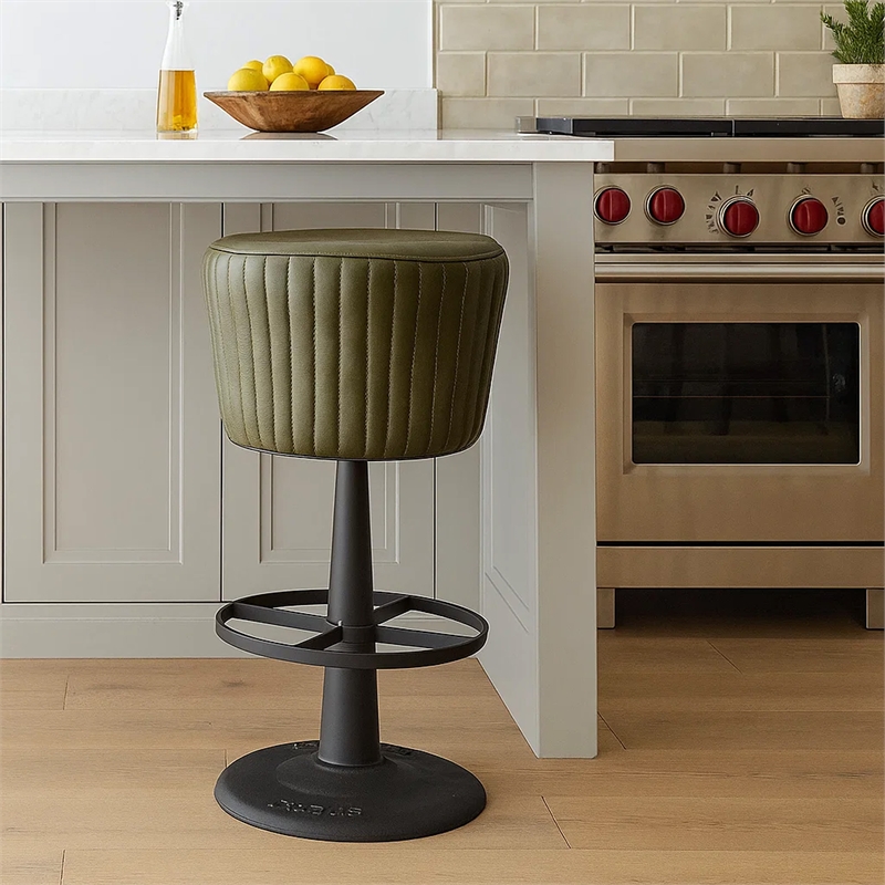 Myra Mushroom Counter Stool-Green Ribbed Leather-Dark Gray Iron Base