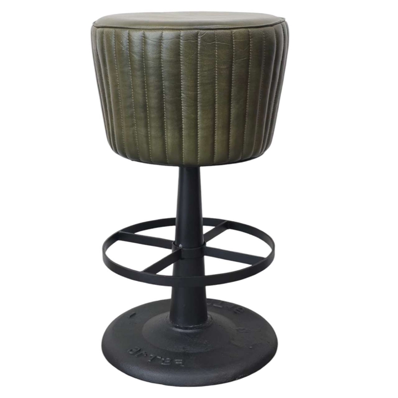 Myra Mushroom Counter Stool-Green Ribbed Leather-Dark Gray Iron Base