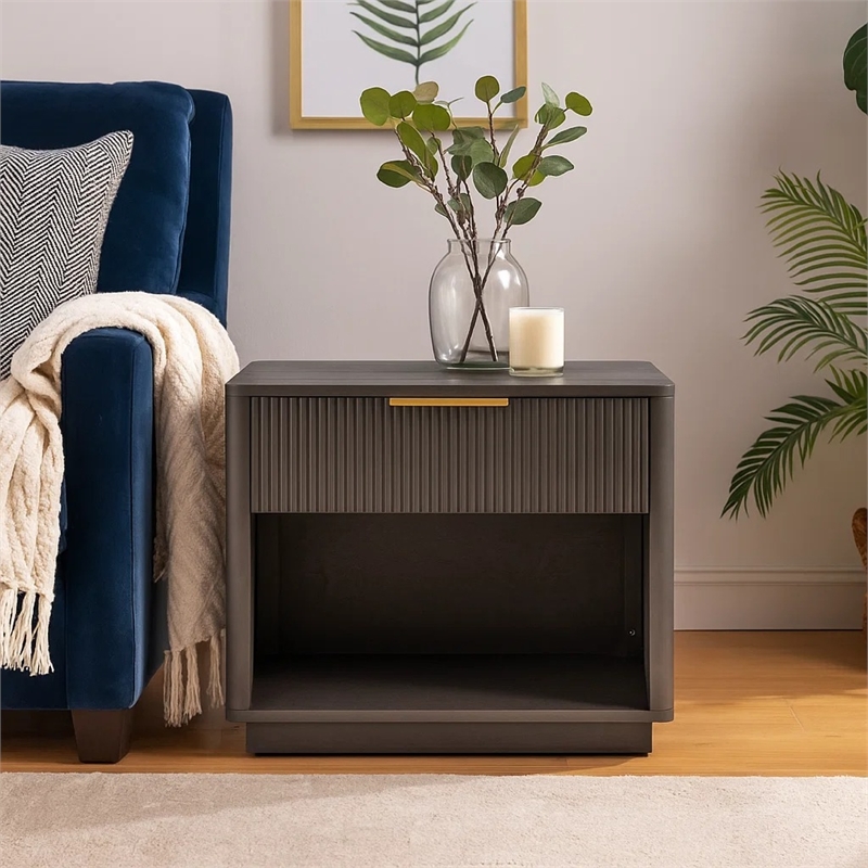 Noe Celia Nightstand-Retro Gray Rubberwood and Faux Wood-32 Inch