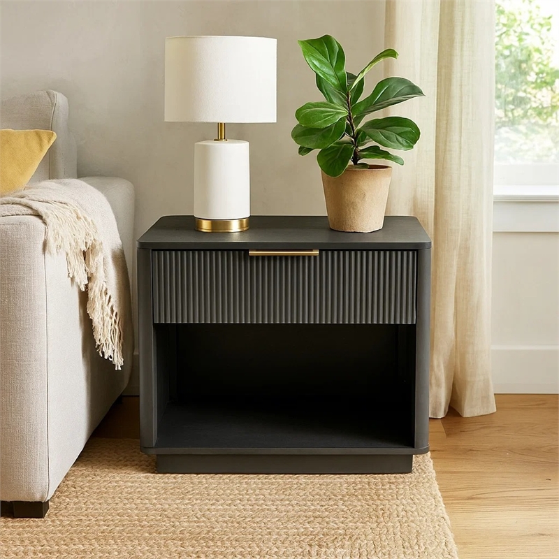 Noe Celia Nightstand-Retro Gray Rubberwood and Faux Wood-32 Inch