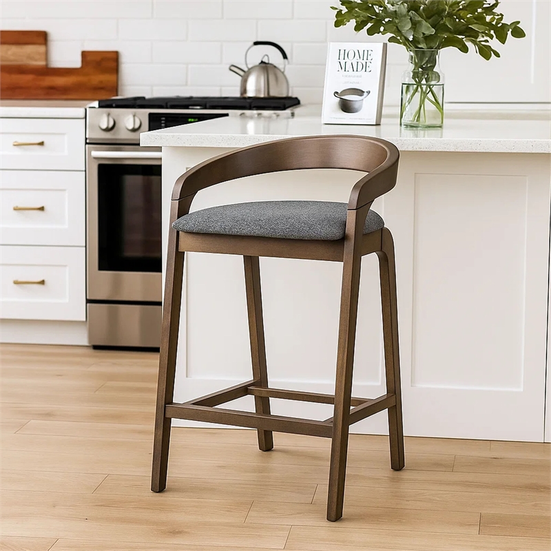 Cid Lenn Counter Stool Chair Set of 2-Gray Fabric-Curved Brown Rubberwood