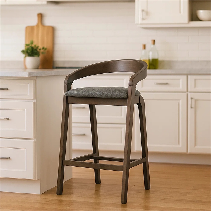 Cid Lenn Counter Stool Chair Set of 2-Gray Fabric-Curved Brown Rubberwood