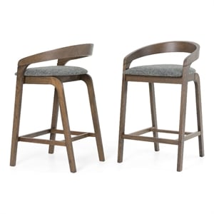 Cid Lenn Counter Stool Chair Set of 2-Gray Fabric-Curved Brown Rubberwood