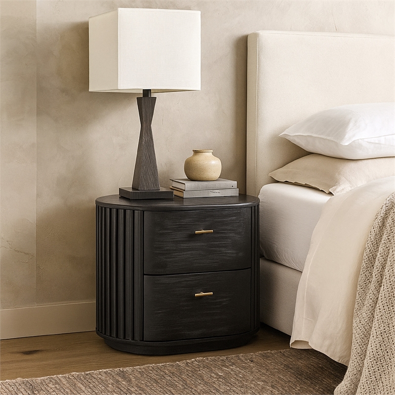 Fely Nightstand-2 Drawers-Gold Metal Handles-Black Acacia Veneer