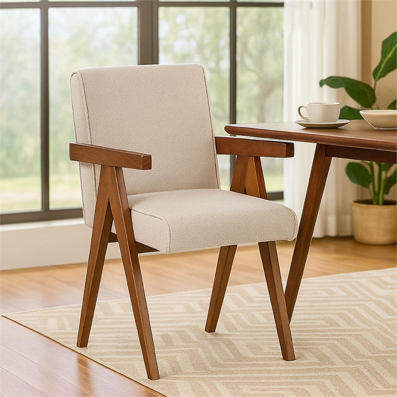 Cid Jose Dining Chair Set of 2-Beige Polyester-Walnut Brown Wood