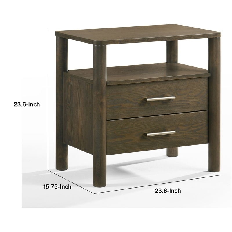 Cid Caro Nightstand-2 Drawers 1 Shelf-Wenge Brown Rubberwood-24 Inch