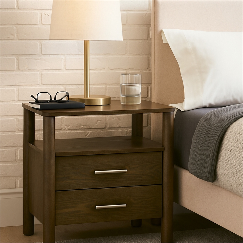 Cid Caro Nightstand-2 Drawers 1 Shelf-Wenge Brown Rubberwood-24 Inch