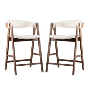 Ebik Counter Stool Chair Set of 2-Walnut Brown Wood-Beige Boucle
