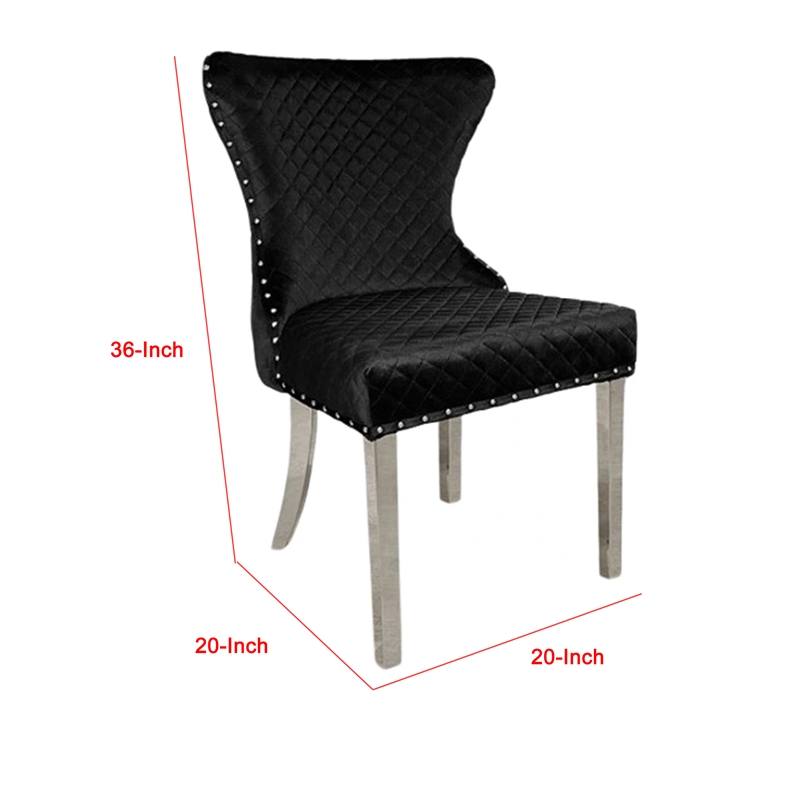 Anova Side Dining Chair Set of 2-Rivet Trim-Silver Stainless Steel-Black Fabric