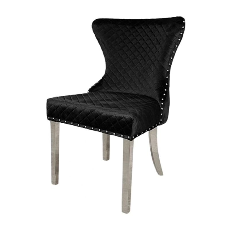 Anova Side Dining Chair Set of 2-Rivet Trim-Silver Stainless Steel-Black Fabric