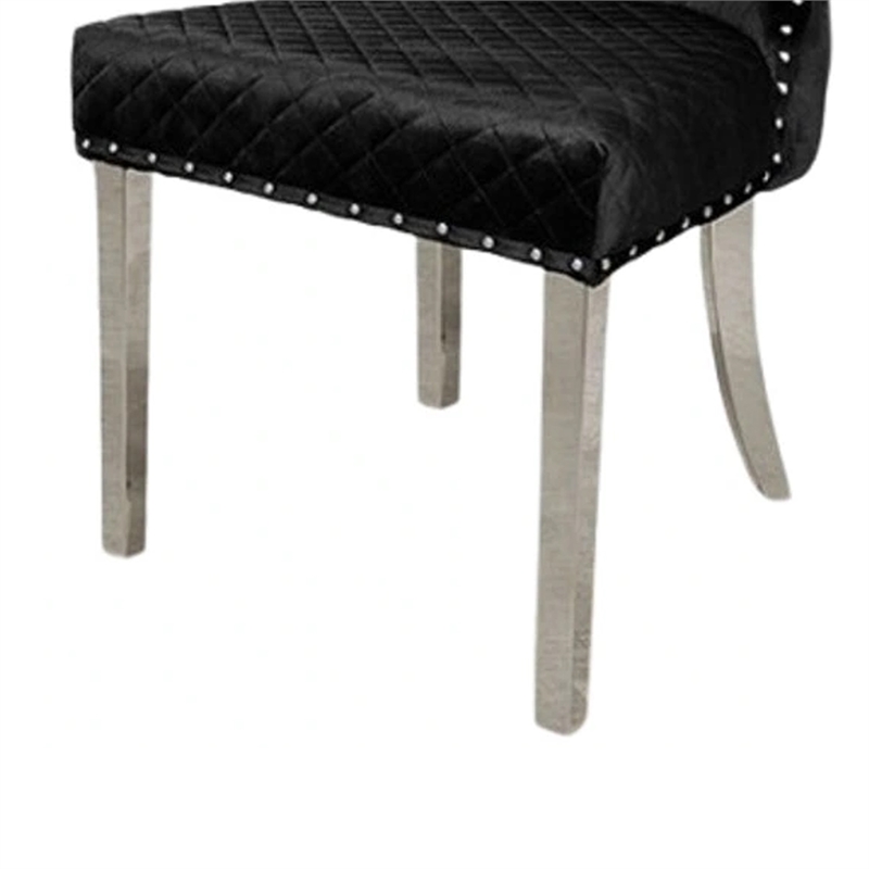 Anova Side Dining Chair Set of 2-Rivet Trim-Silver Stainless Steel-Black Fabric