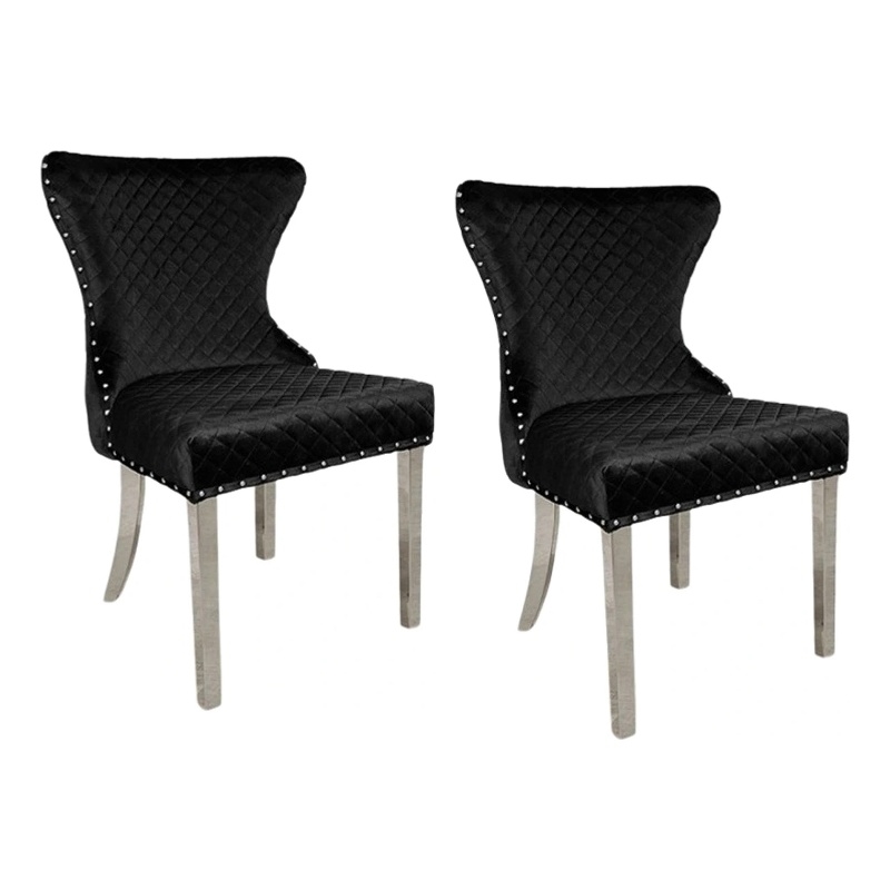 Anova Side Dining Chair Set of 2-Rivet Trim-Silver Stainless Steel-Black Fabric