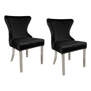 Anova Side Dining Chair Set of 2-Rivet Trim-Silver Stainless Steel-Black Fabric