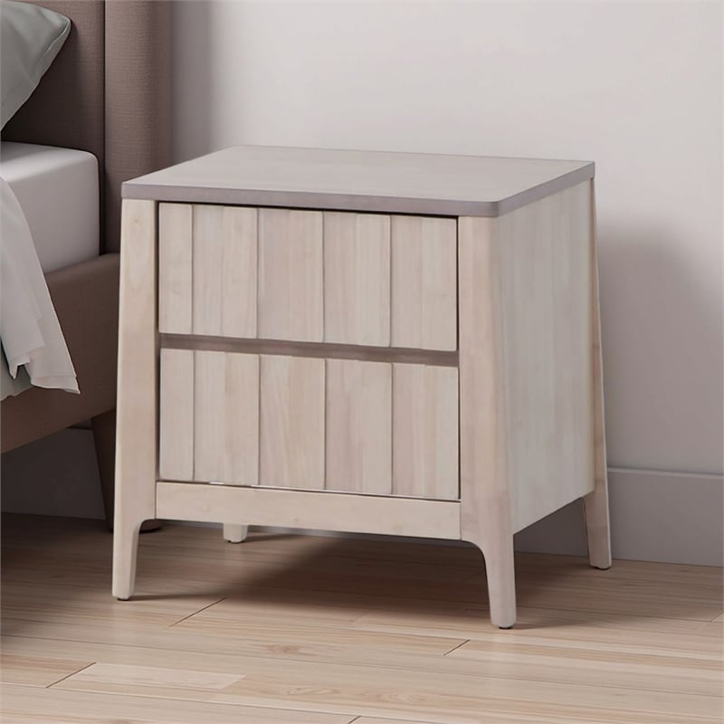 Vasu Nightstand-2 Drawers-White Wash Solid Rubberwood-21 Inch